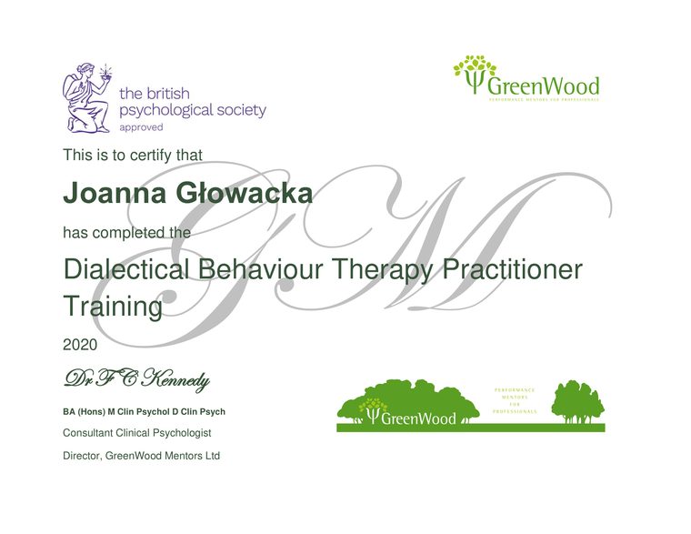Certyfikat Dialectical Behaviour Therapy Practitioner Training