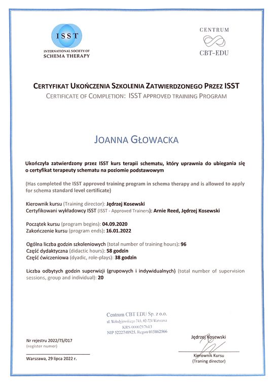 Certyfikat ukończenia szkolenia z terapii schematów zatwierdzonego przez ISST