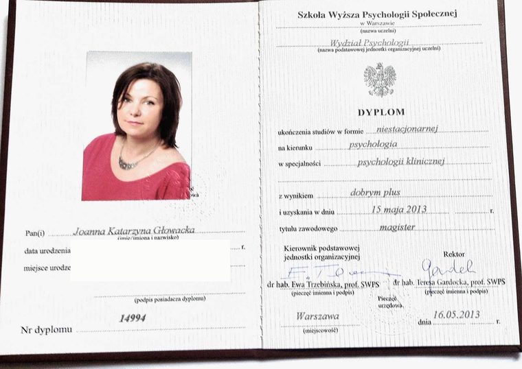 Dyplom magistra psychologii, specjalność psychologia kliniczna, SWPS