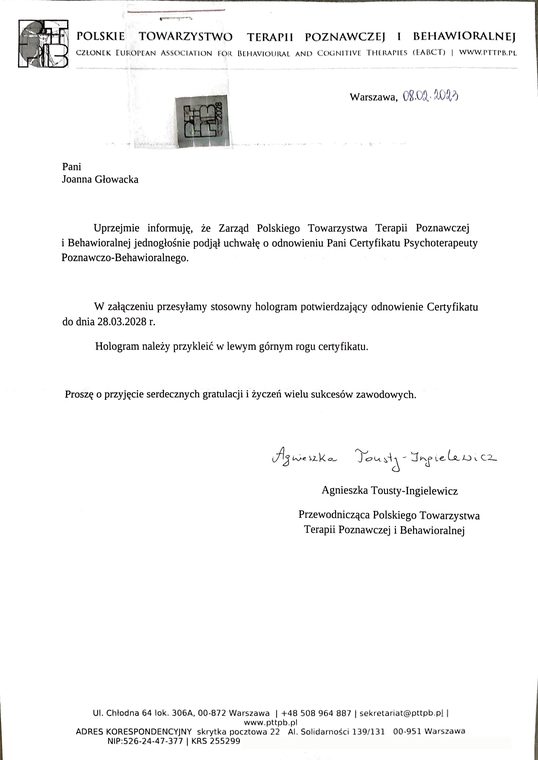 Pismo PTTPB o odnowieniu certyfikatu psychoterapeuty CBT do 2028 roku