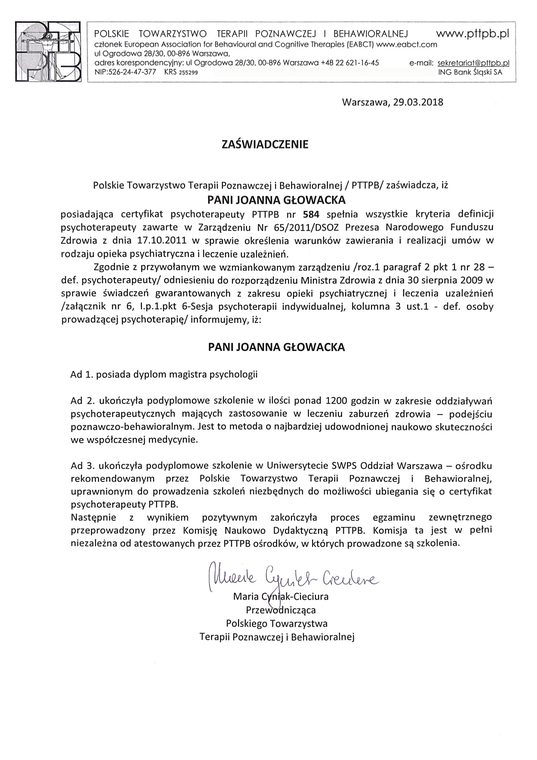 Zaświadczenie PTTPB potwierdzające spełnienie kryteriów definicji psychoterapeuty